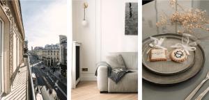 two pictures of a living room with a table and a couch at HIGHSTAY - Luxury Serviced Apartments - Louvre-Rivoli in Paris