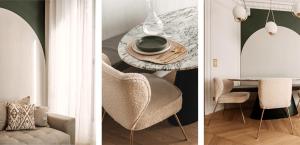 three images of a dining room with a table and chairs at HIGHSTAY - Luxury Serviced Apartments - Champs-Elysées in Paris