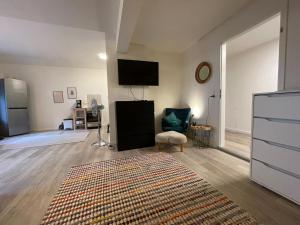 sala de estar con TV y alfombra en Hinterhaus Apartments, en Leipzig
