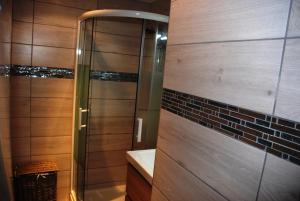 a shower in a bathroom with wooden walls and a sink at Bel appart saint clair-lavandou in Le Lavandou