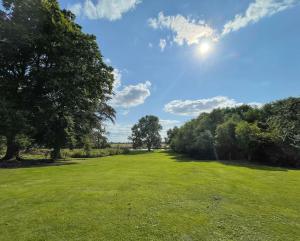 a green field with trees and the sun in the sky at DINCKLEY COURT BOUTIQUE RIVERSIDE ROOMS - Burcot on Thames in Abingdon