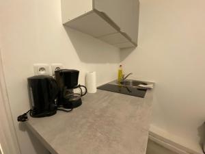 eine Küchentheke mit einer Spüle und einer Mikrowelle in der Unterkunft Mini studio 9m2 - 027 in Rouen
