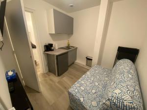 ein Wohnzimmer mit einem Sofa und einer Küche in der Unterkunft Mini studio 9m2 - 027 in Rouen