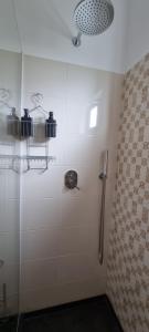 ein Bad mit einer Dusche und einer Glastür in der Unterkunft Kasa d'Vizin in Paul