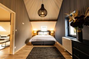 a bedroom with a bed and a pendant light at La Grenouille - Suite de luxe & Welness Privatif in Leuze-en-Hainaut