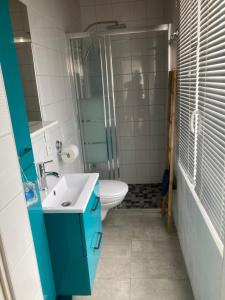 a bathroom with a toilet and a sink and a shower at Chez Léonce in LʼÉpine