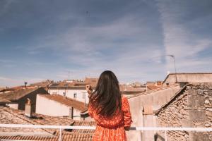 una mujer parada en una cornisa mirando sobre una ciudad en Chez Pepito & Zaza hypercentre rooftop garage, en Nimes