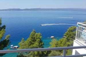 a boat in a large body of water at Villa Skalinada with sea view in Brela