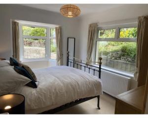 a bedroom with a bed and two windows at Lower Upover in Woolacombe