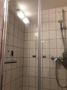 a shower with a glass door in a bathroom at Tiny House - Auszeit im Wald am Badesee in Tanna