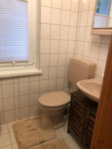 a bathroom with a toilet and a sink at Tiny House - Auszeit im Wald am Badesee in Tanna