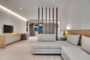 a living room with a couch and a tv at Sivota Deamaris Luxury Boutique Hotel in Syvota
