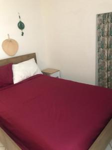 a bedroom with a large bed with a purple blanket at Villa Raffa Salento in Maruggio