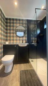 a bathroom with a toilet and a sink and a shower at Little bay cabin in Oban