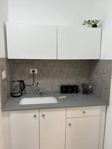 a kitchen counter with a sink and white cabinets at שחף ברוזמרין in Eilat