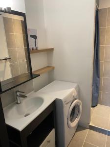 a bathroom with a sink and a washing machine at Les Jardins du Château in Châteauroux