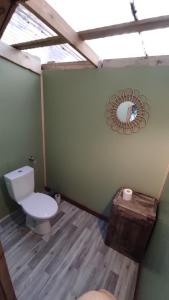 ein Bad mit einem WC und einem Wandspiegel in der Unterkunft Karklini glamping in Cēsis
