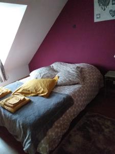 sypialnia z 2 łóżkami i fioletową ścianą w obiekcie Chambres d'hôtes, " au coeur de la nature, et du calme" w mieście Descartes