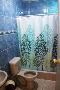a bathroom with a toilet and a shower curtain at Hotel Monthañas Cajamarca in Cajamarca