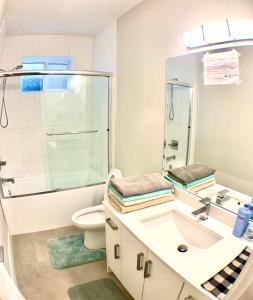 a bathroom with a shower toilet and a sink at Deluxe House in Surrey