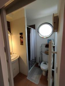 a bathroom with a toilet and a sink and a window at Chez Régine in Agde
