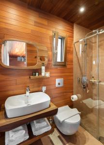 a bathroom with a sink and a shower and a toilet at iHouse Paliouri in Paliouri