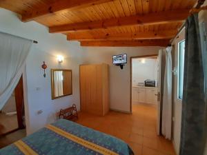 ein Schlafzimmer mit einem Bett und einem TV in einem Zimmer in der Unterkunft Katia cottage Kassiopi in Kassiopi