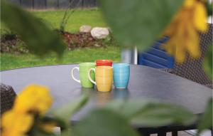 four coffee cups sitting on top of a table at Ferienhaus 33 Altefähr in Altefähr +23 photos