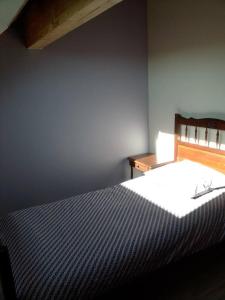 1 dormitorio con 1 cama con cabecero de madera en Gîte au bord de la rivière en Frangy-en-Bresse