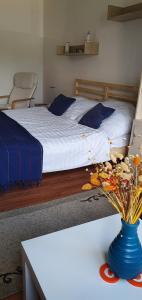 um quarto com uma cama com um vaso azul sobre uma mesa em Jo's chillout place em Timisoara