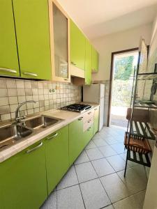 een groene keuken met een wastafel en een koelkast bij Villa Giulia in Bibione