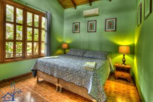 een slaapkamer met een bed in een groene kamer bij Beachfront Villas Puerto Viejo w AC and POOL in Puerto Viejo