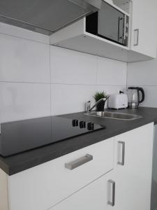 a kitchen with white cabinets and a stove top oven at Annalisa Guest House Centrum in Enschede