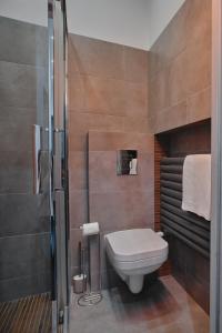 a small bathroom with a toilet and a shower at Apartament D16 in Pińczów
