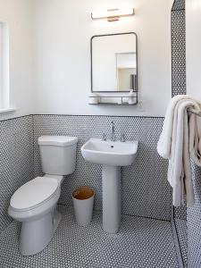 a bathroom with a toilet and a sink and a mirror at Hotel Hygge in Buellton