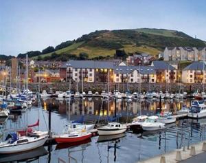 a bunch of boats are docked in a marina at Bridge View Victorian Townhouse Central Aberystwyth Sleeps 6 in Aberystwyth