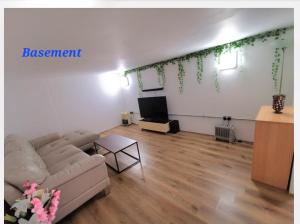 a living room with a couch and a television at 4 sleeps and travel cot- close to beach and restaurants in Bournemouth