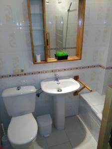 a bathroom with a toilet and a sink and a mirror at Apto para Vacaciones con WIFI in Chipiona
