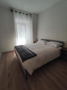 1 dormitorio con 1 cama grande y ventana en Gnazzano Home 1, en Loiano