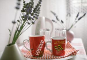 two coffee mugs sitting on a table with a vase at Private rooms - Tivat in Tivat