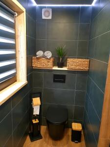 a bathroom with a black toilet and two baskets at Trzy Szczyty-Turbacz in Grywałd