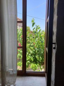 een open raam met uitzicht op een struik buiten bij Sergios Village House in Chania
