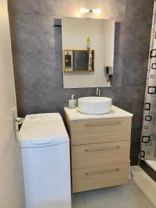 uma casa de banho com um lavatório e uma máquina de lavar roupa em LE COCON DE LA MARINA em Leucate