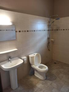 コトヌーにあるChez Fèmi, route des pêchesのトイレと洗面台付きのバスルーム +25枚の写真