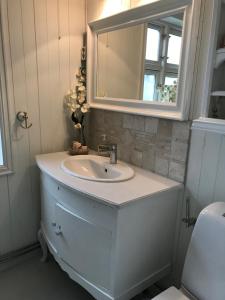 y baño con lavabo y espejo. en Småbruket stall solheim, en Rødby