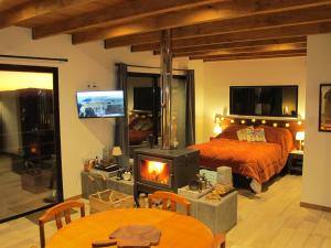 1 dormitorio con 1 cama y chimenea en Cabaña El Trisquel, en Villa Serrana