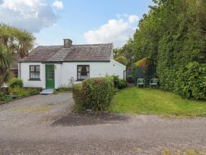 une maison blanche avec une porte verte et une cour dans l'établissement Brendan's Cottage, à Île de Valentia