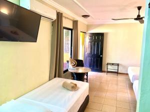 um quarto com uma cama e uma televisão de ecrã plano em Hotel Green River em Izamal