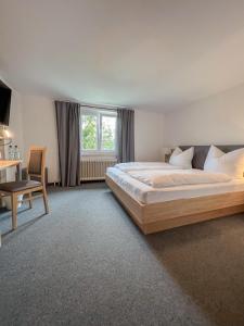 a bedroom with a bed and a desk and a window at Mountain Hostel City in Oberstdorf