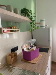 a purple box on a counter in a kitchen at Appartamento Salvia in centro in Ascea